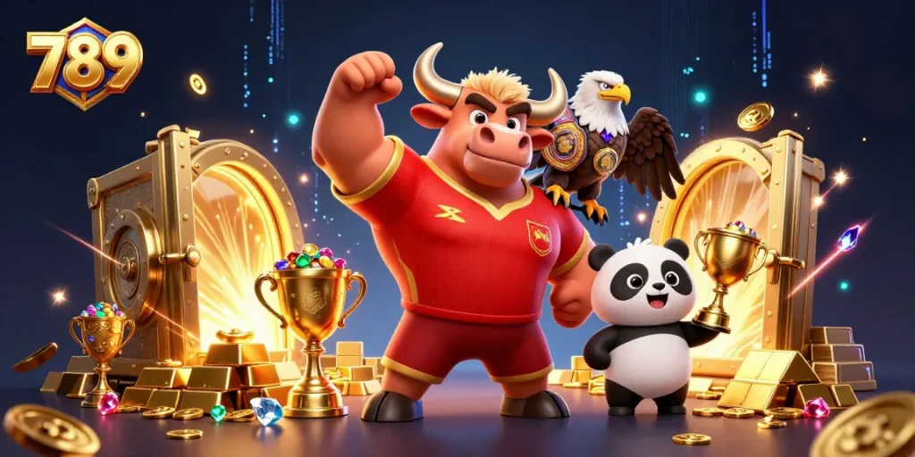 Engage with 789's excitement, featuring a bull mascot, eagle, and panda celebrating in a vibrant casino scene.