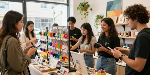 Excited shoppers discovering personalized keychains at a pop-up shop
