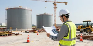 Above-Ground Storage Tank Design inspection by a professional engineer at a construction site, showcasing modern engineering practices.