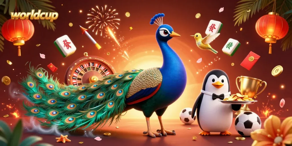 Experience the worldcup excitement in a vibrant casino setting with animated characters celebrating sports betting.