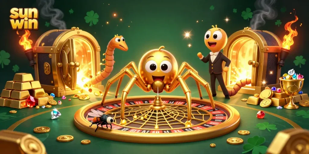 Engage at sun win with a 3D golden spider betting on a roulette wheel in a treasure-filled casino.