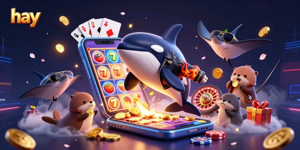 Engage with the hay casino experience featuring animated characters and slot game action.