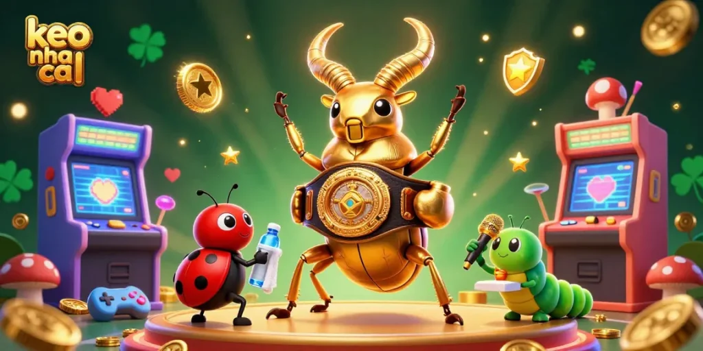 Engage with keo nha cai in a lively 3D casino scene illustrating a golden stag beetle and gaming elements