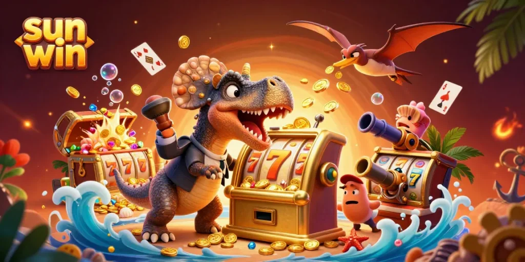 Experience a thrilling sun win jackpot as the pachycephalosaurus interacts with a slot machine, capturing the excitement of gaming.